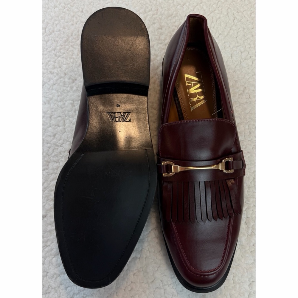 ZARA • Burgundy Leather Fringe Loafers w/ Gold Horsebit Hardware, EU 40 (US 9) - Picture 12 of 16